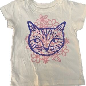 Tea Collection White Tee with Blue Cat and Pink Floral Design